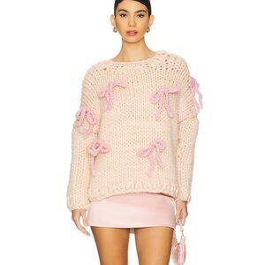 Hope Macaulay Cream Chunky Bow Sweater in Cream & Pink Knit Long Sleeve White